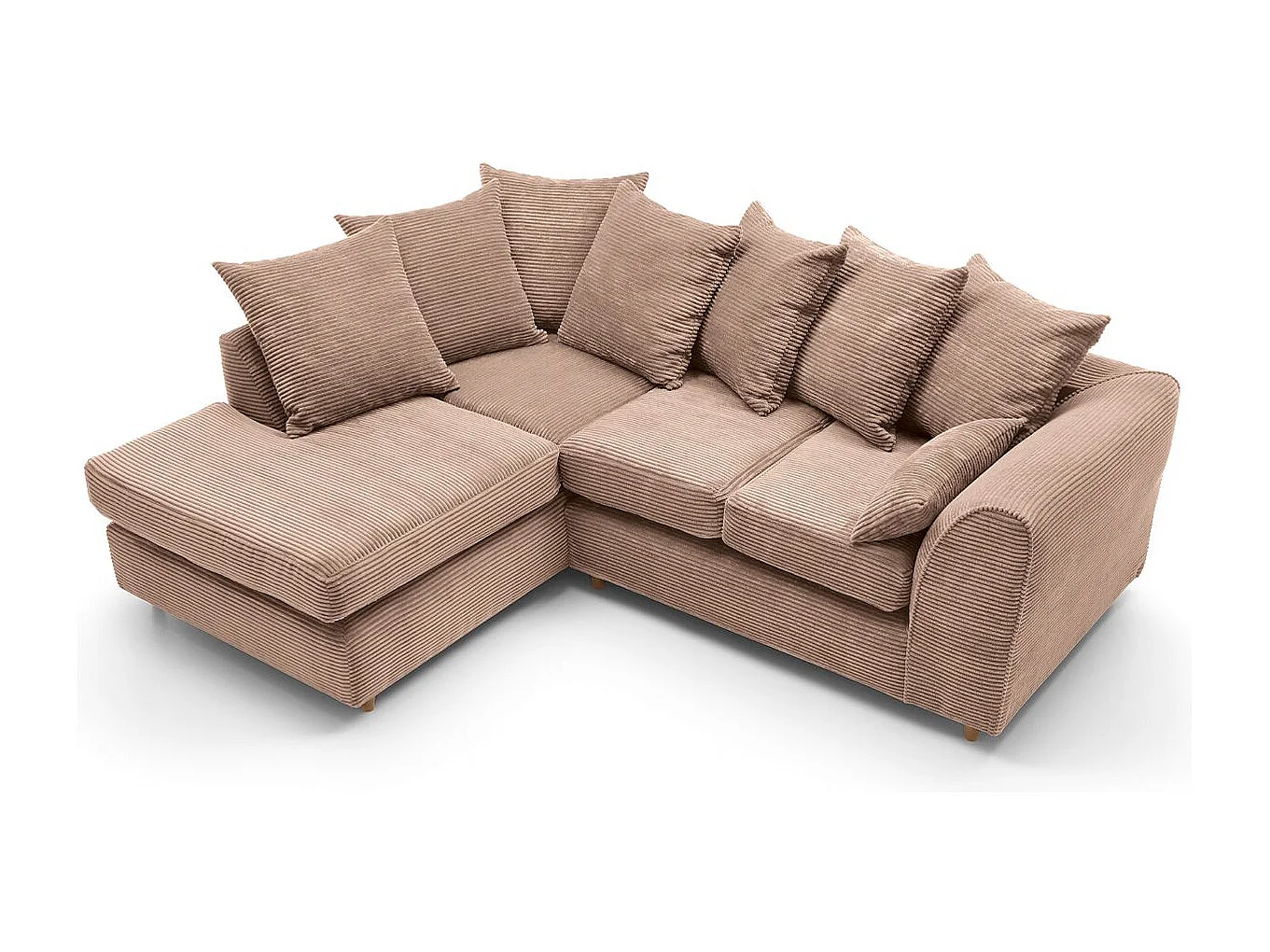 Jumbo Cord Fabric Corner Sofa with Scatter Cushions Left Facing Brown