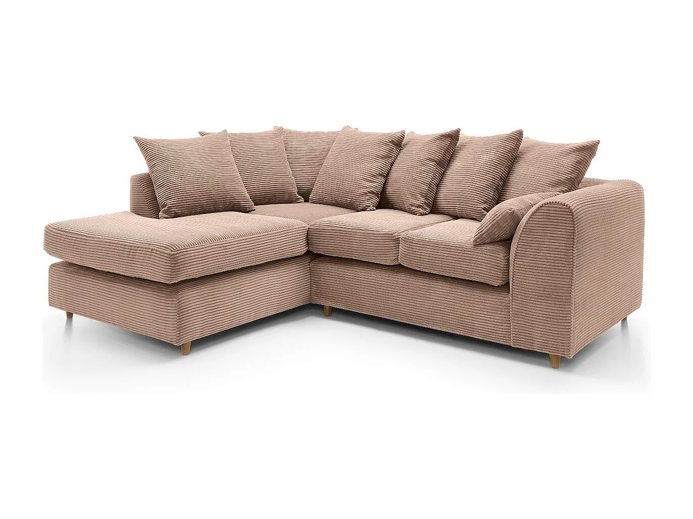 Jumbo Cord Fabric Corner Sofa with Scatter Cushions Left Facing Brown