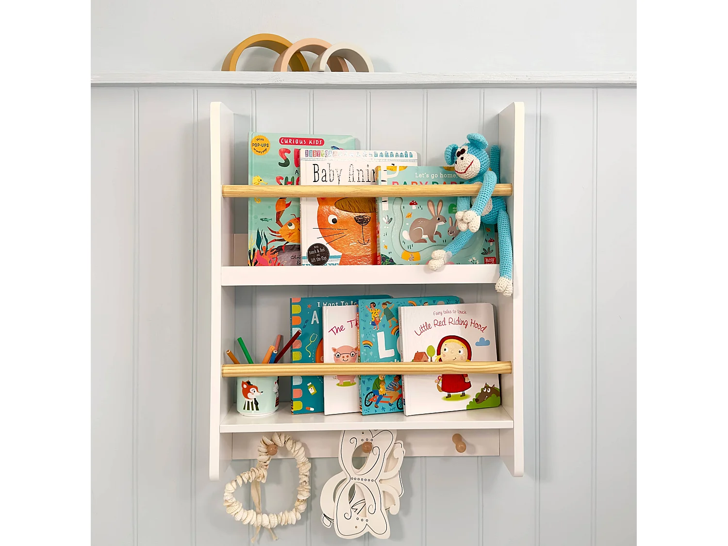 Elene Display 2 Tier Shelf Bookcase Wall Mounted & Coathook