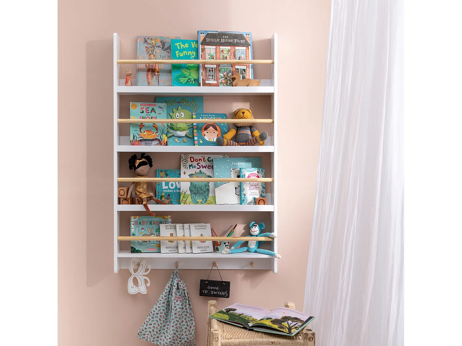 Elene Display Wide & Large Shelf Bookcase Wall Mounted & 4 Coathooks