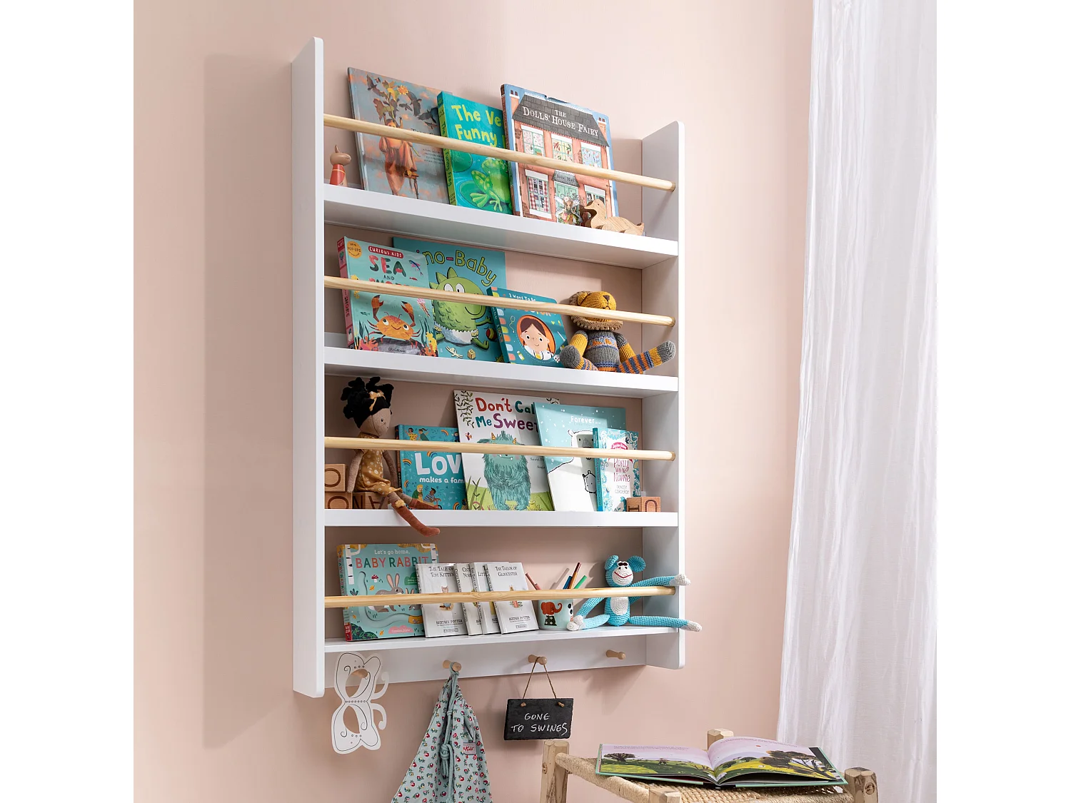 Elene Display Wide & Large Shelf Bookcase Wall Mounted & 4 Coathooks