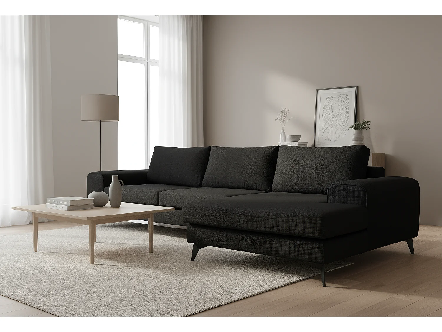 Venice Basket Weave Corner Sofa Right Facing in Black