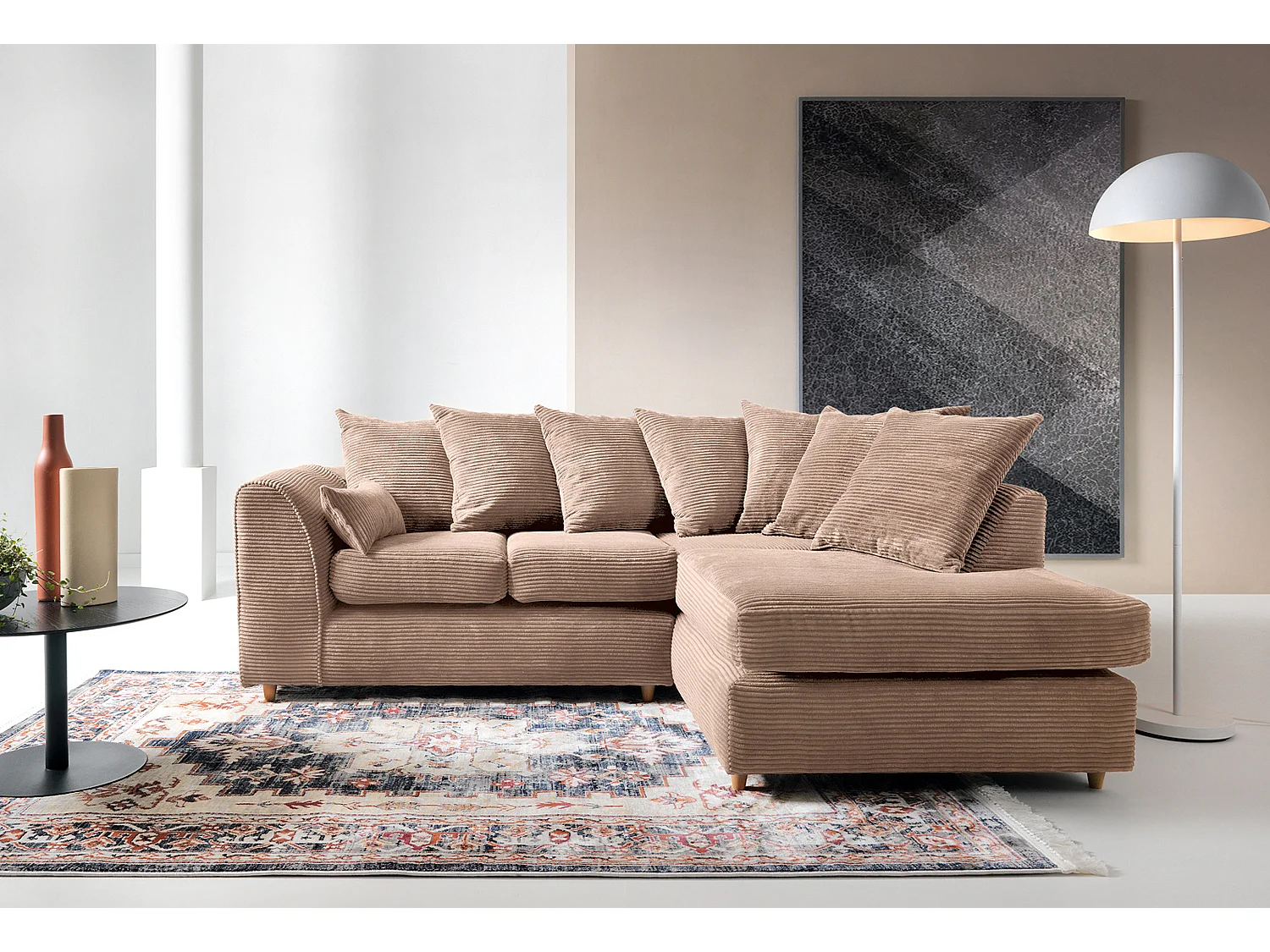 Jumbo Cord Fabric Corner Sofa with Scatter Cushions Right Facing Brown