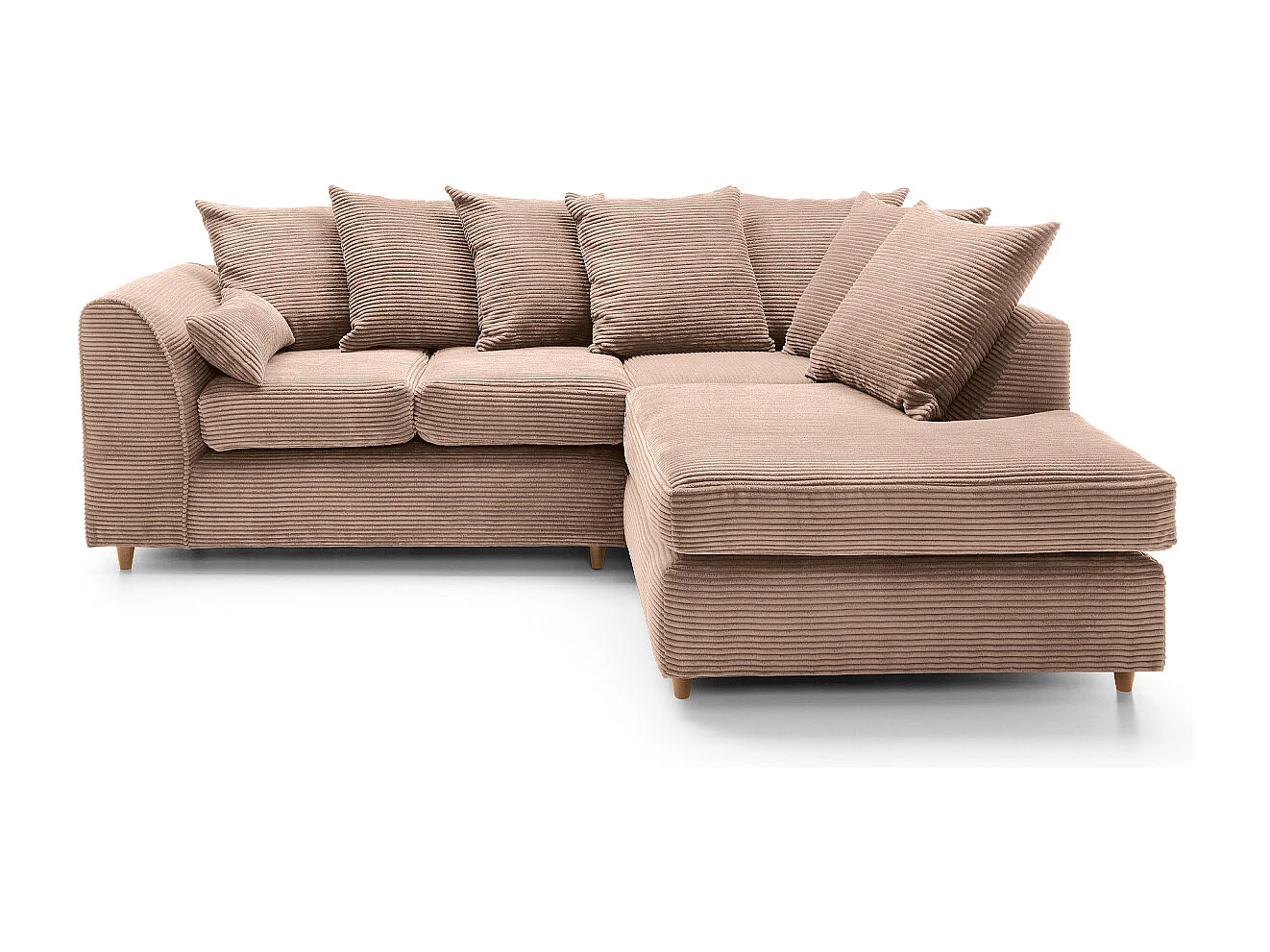 Jumbo Cord Fabric Corner Sofa with Scatter Cushions Right Facing Brown