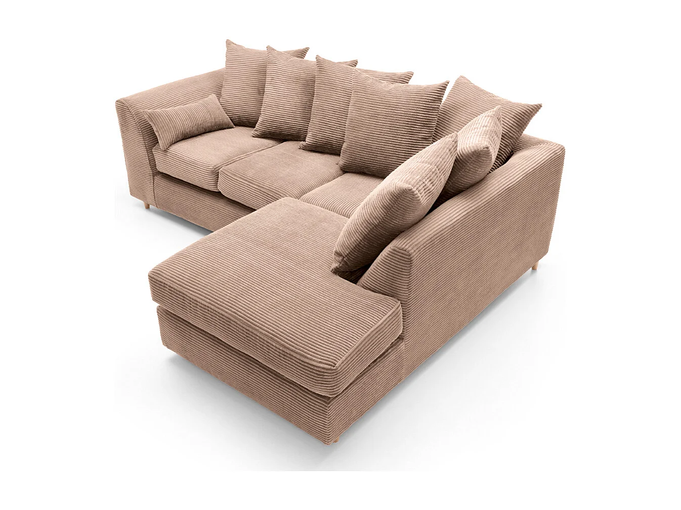 Jumbo Cord Fabric Corner Sofa with Scatter Cushions Right Facing Brown