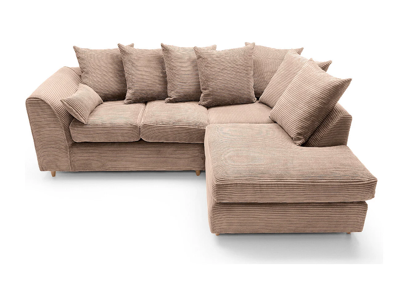 Jumbo Cord Fabric Corner Sofa with Scatter Cushions Right Facing Brown