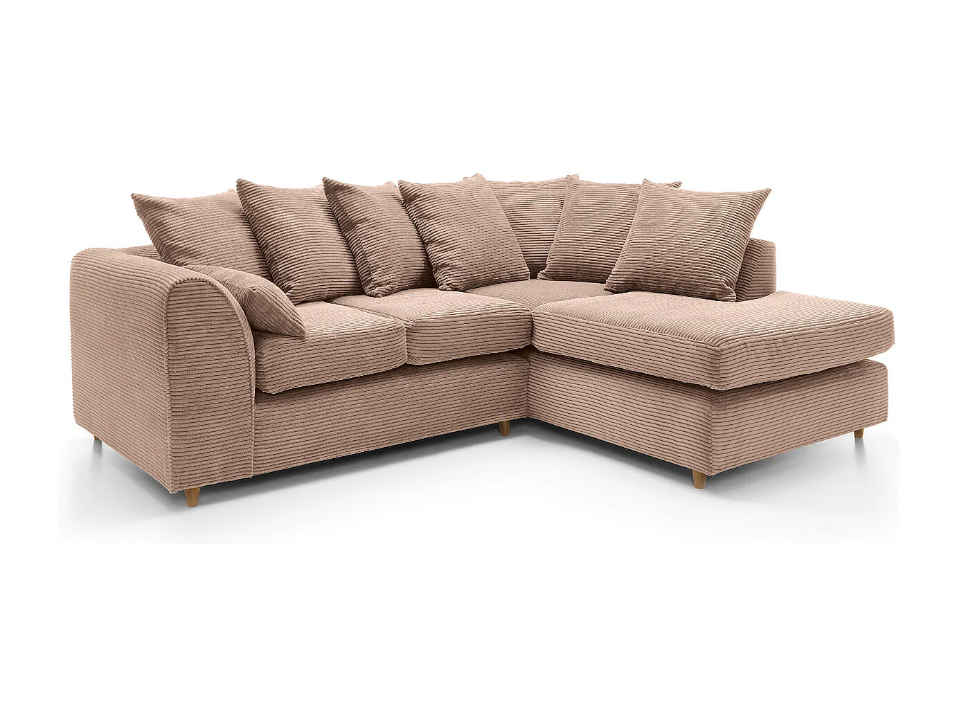 Jumbo Cord Fabric Corner Sofa with Scatter Cushions Right Facing Brown