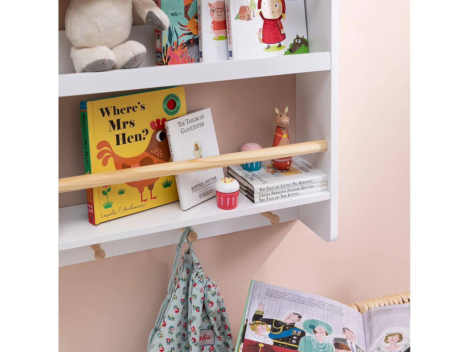 Elene Display 3 Tier Shelf Bookcase Wall Mounted & Coathook