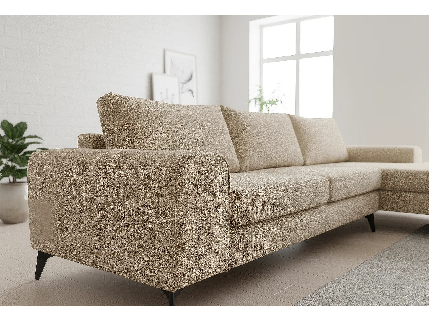 Venice Basket Weave Corner Sofa Right Facing in Cream