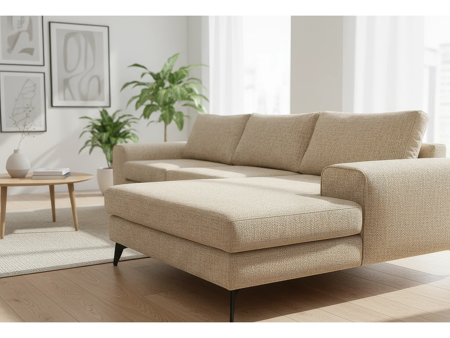 Venice Basket Weave Corner Sofa Right Facing in Cream