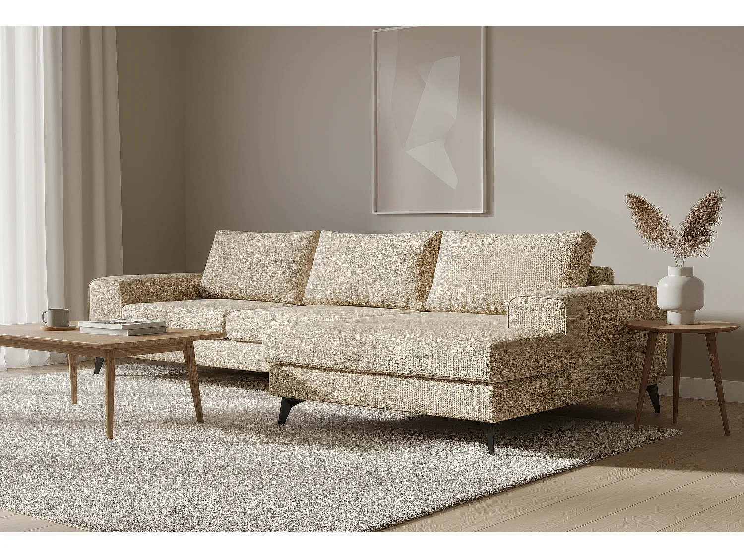 Venice Basket Weave Corner Sofa Right Facing in Cream