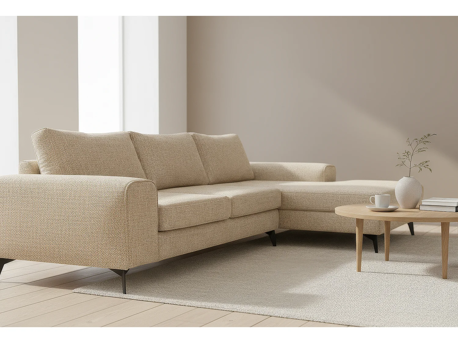 Venice Basket Weave Corner Sofa Right Facing in Cream