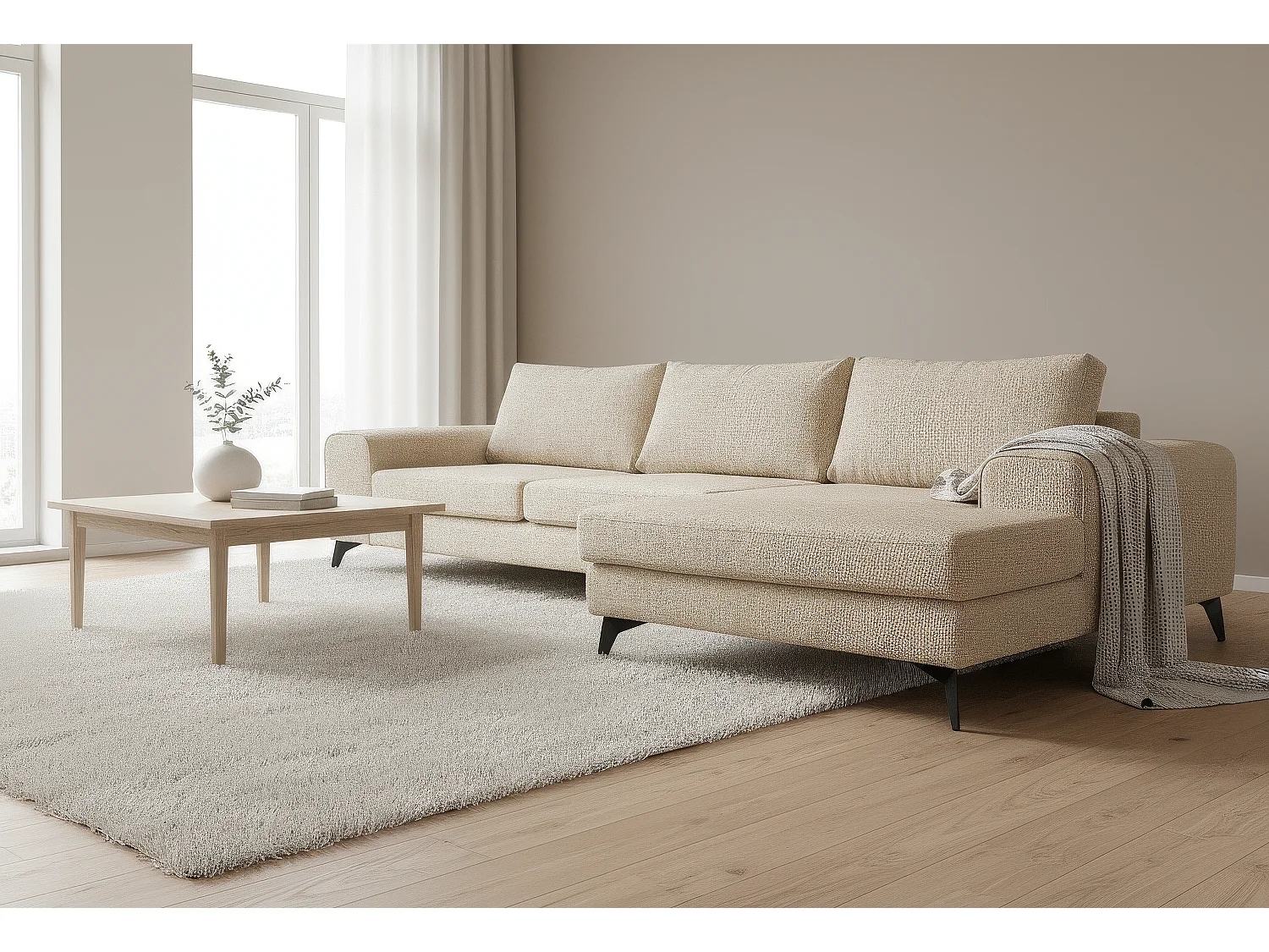 Venice Basket Weave Corner Sofa Right Facing in Cream