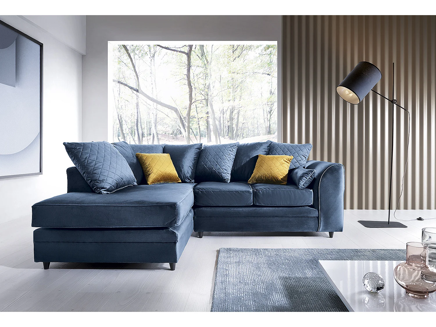 Chicago Velvet Left Facing Corner Sofa in Dark Blue