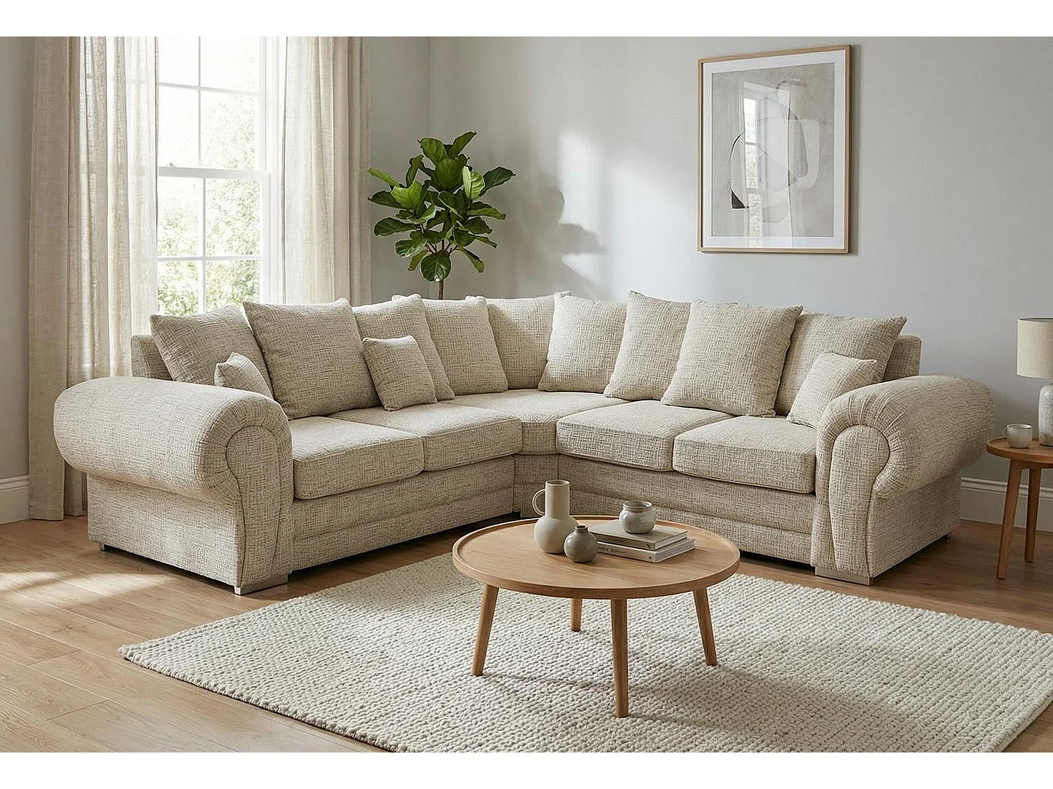 Verona Chenille Corner Sofa with Deep Seats and Angular Arms in Stone Grey
