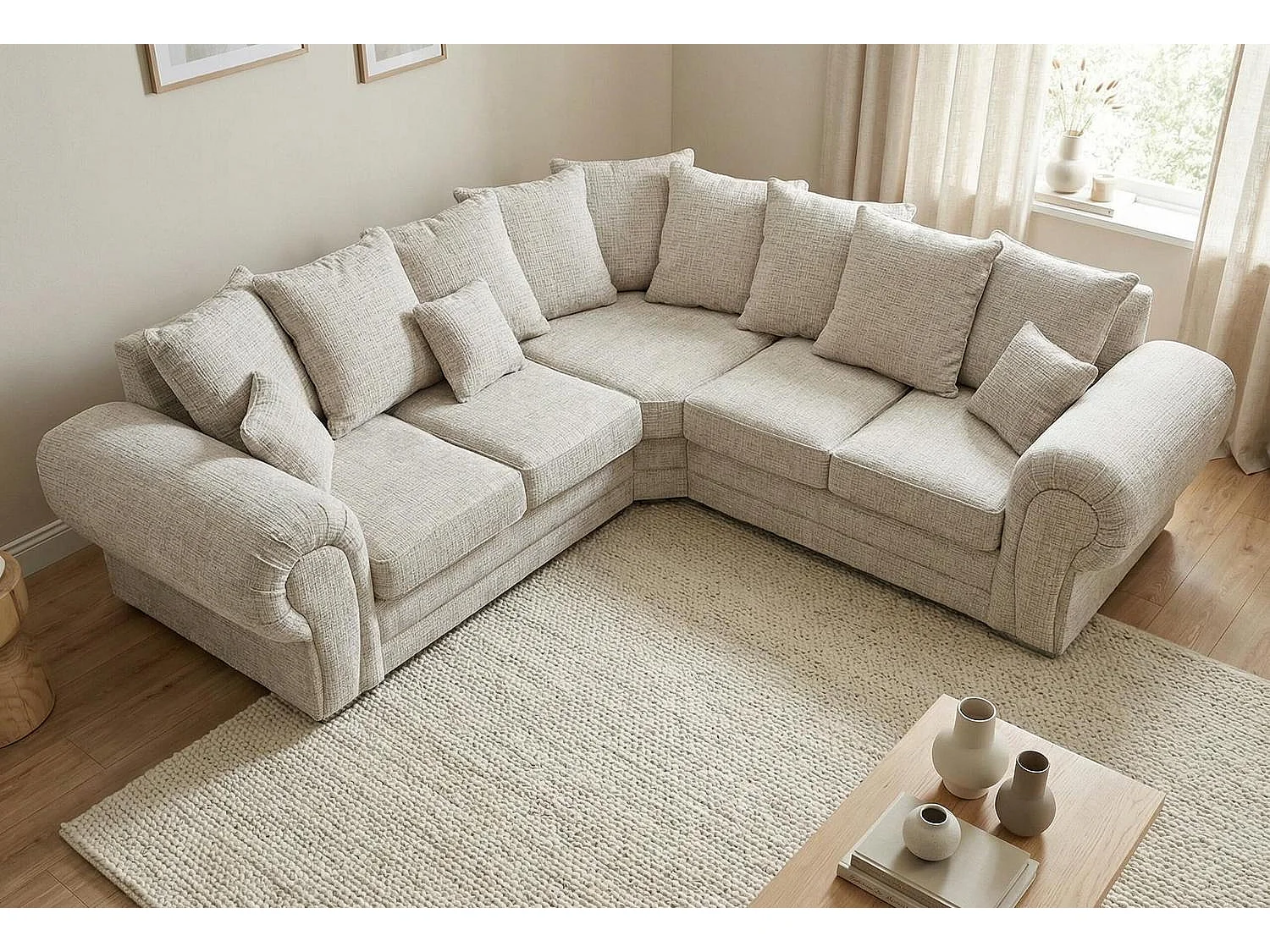 Verona Chenille Corner Sofa with Deep Seats and Angular Arms in Stone Grey