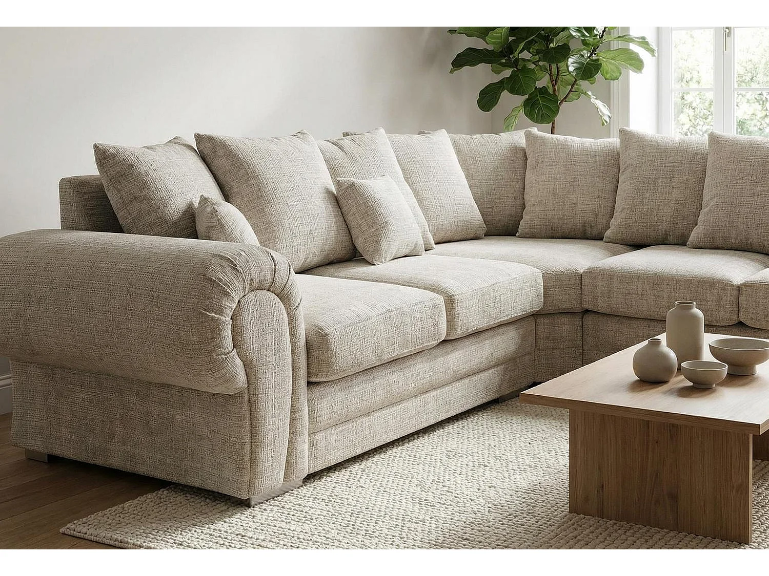 Verona Chenille Corner Sofa with Deep Seats and Angular Arms in Stone Grey