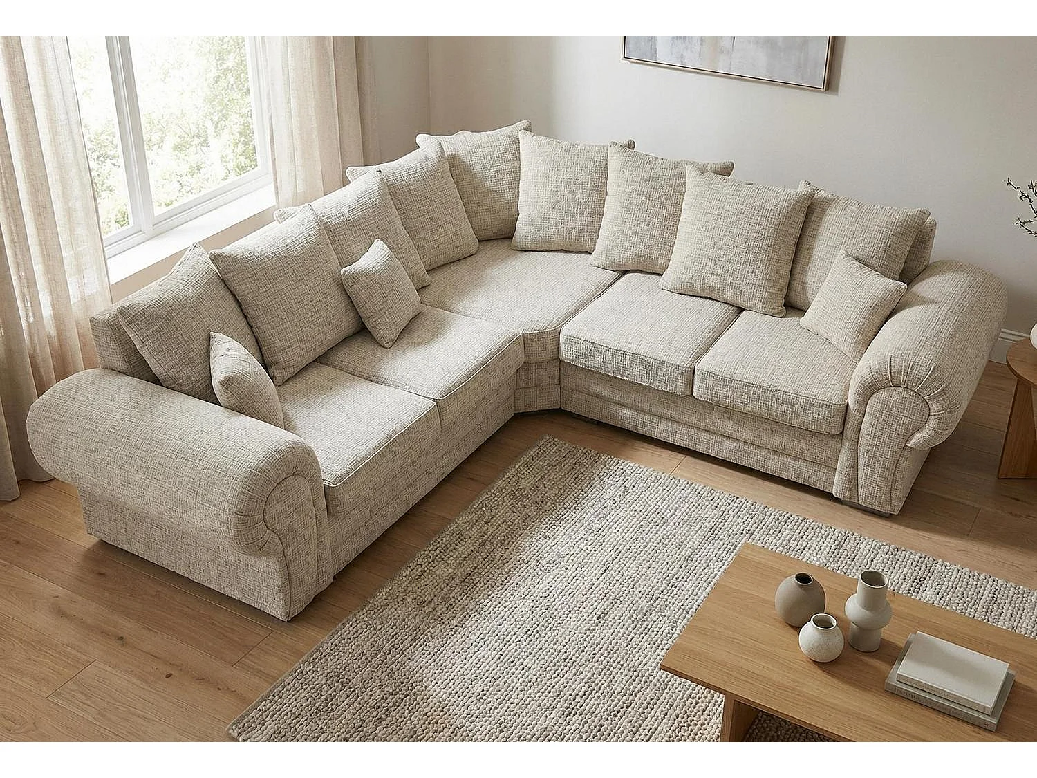 Verona Chenille Corner Sofa with Deep Seats and Angular Arms in Stone Grey