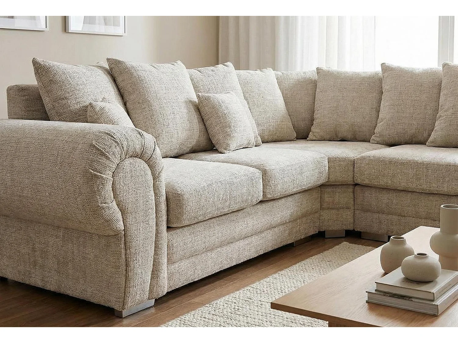 Verona Chenille Corner Sofa with Deep Seats and Angular Arms in Stone Grey