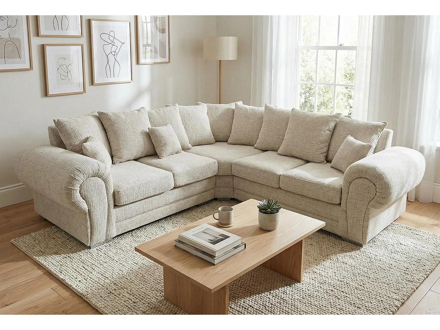 Verona Chenille Corner Sofa with Deep Seats and Angular Arms in Stone Grey