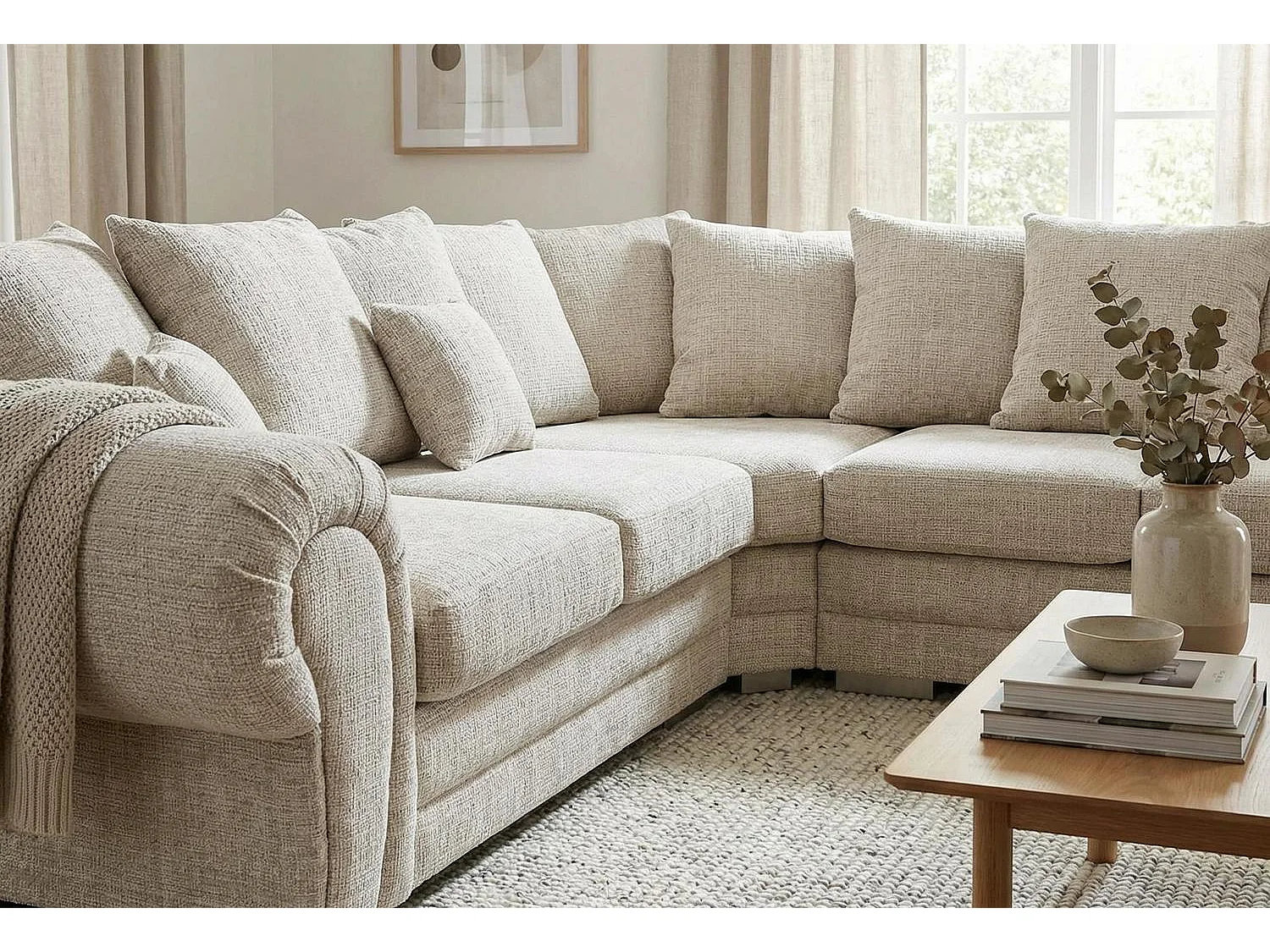 Verona Chenille Corner Sofa with Deep Seats and Angular Arms in Stone Grey