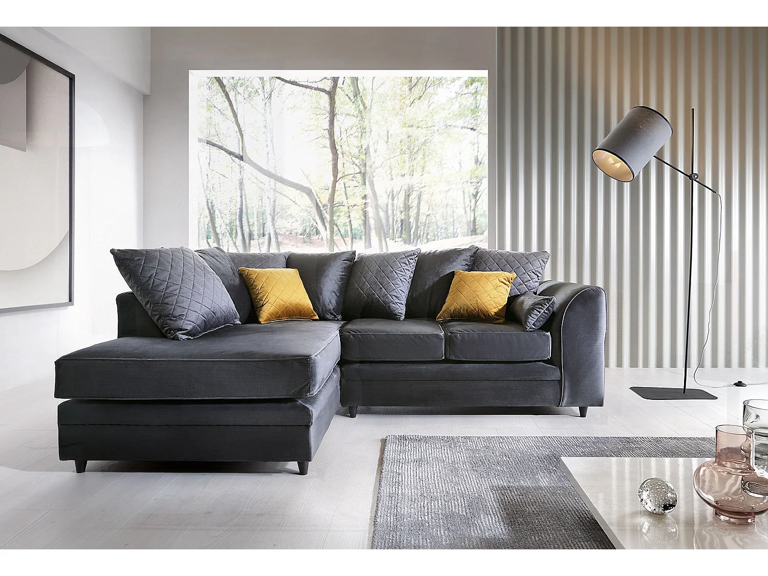 Chicago Velvet Left Facing Corner Sofa in Dark Grey