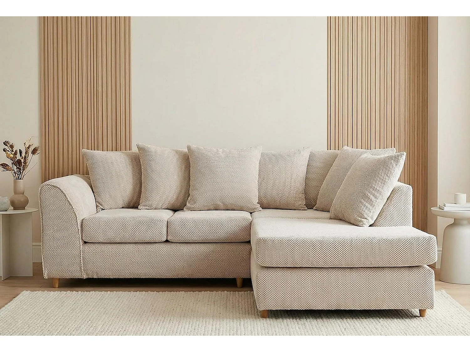 Jumbo Grid-Textured Fabric Corner Sofa with Scatter Cushions Right Facing Beige