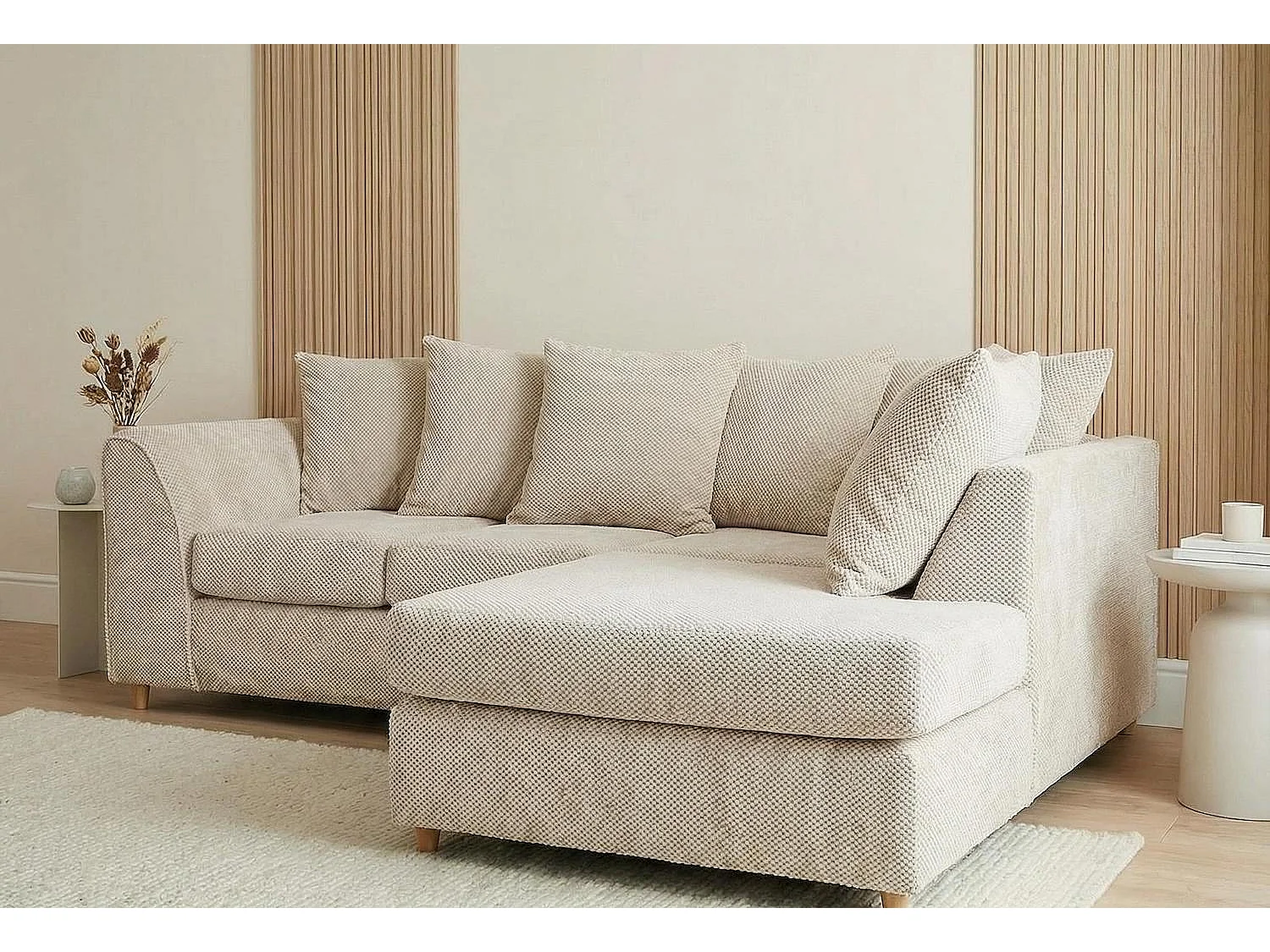 Jumbo Grid-Textured Fabric Corner Sofa with Scatter Cushions Right Facing Beige