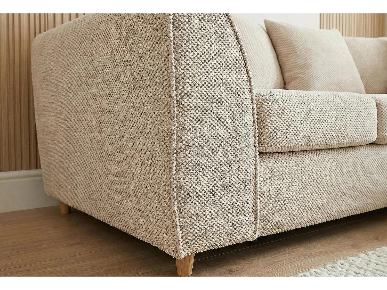 Jumbo Grid-Textured Fabric Corner Sofa with Scatter Cushions Right Facing Beige
