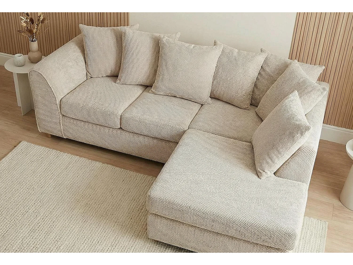 Jumbo Grid-Textured Fabric Corner Sofa with Scatter Cushions Right Facing Beige
