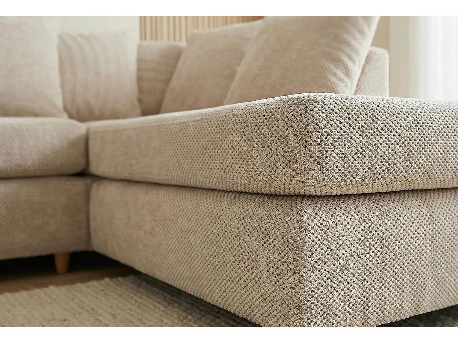 Jumbo Grid-Textured Fabric Corner Sofa with Scatter Cushions Right Facing Beige