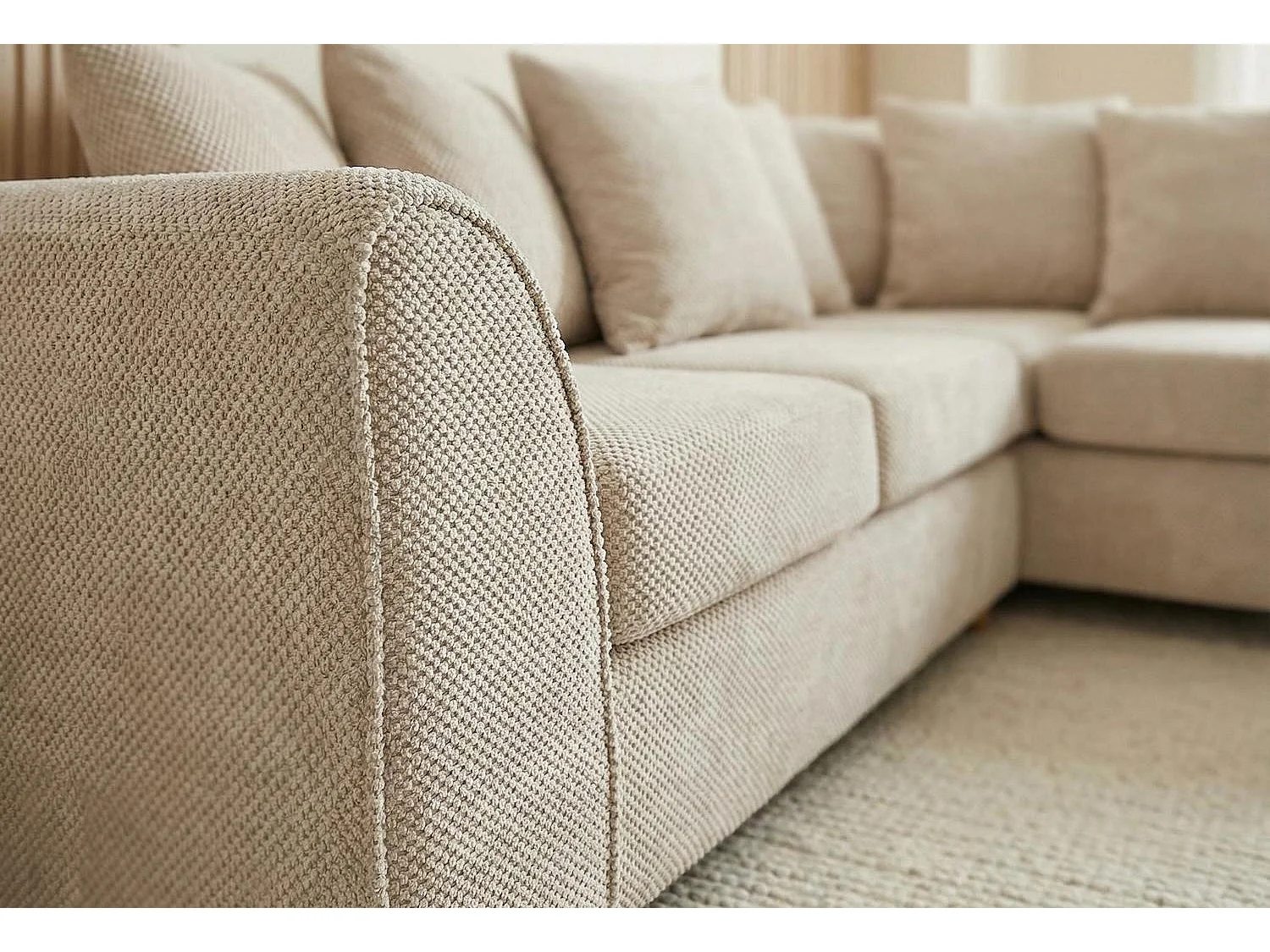 Jumbo Grid-Textured Fabric Corner Sofa with Scatter Cushions Right Facing Beige