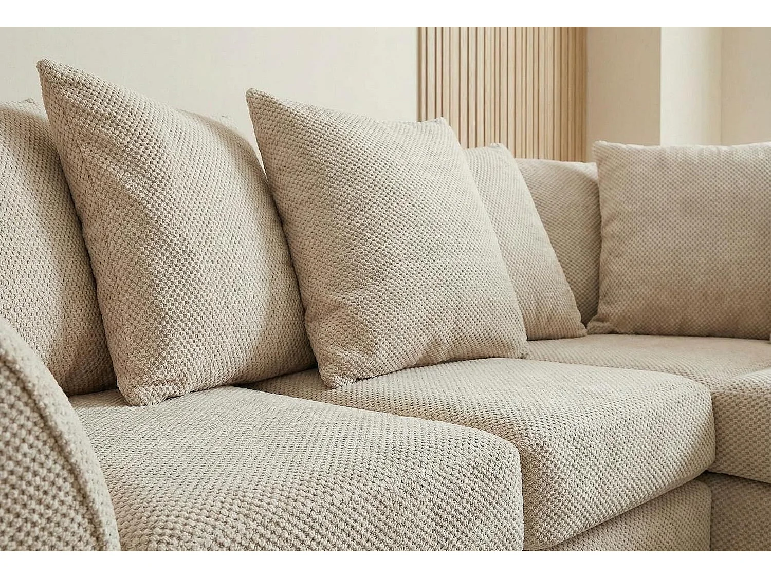 Jumbo Grid-Textured Fabric Corner Sofa with Scatter Cushions Right Facing Beige