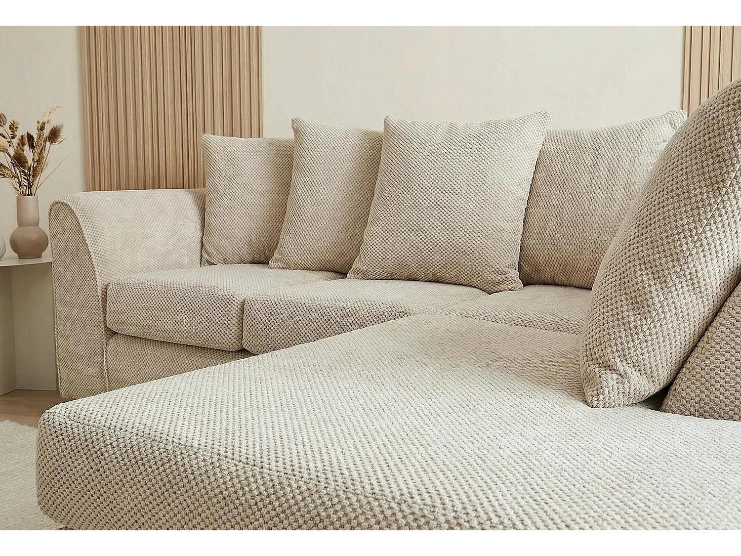 Jumbo Grid-Textured Fabric Corner Sofa with Scatter Cushions Right Facing Beige