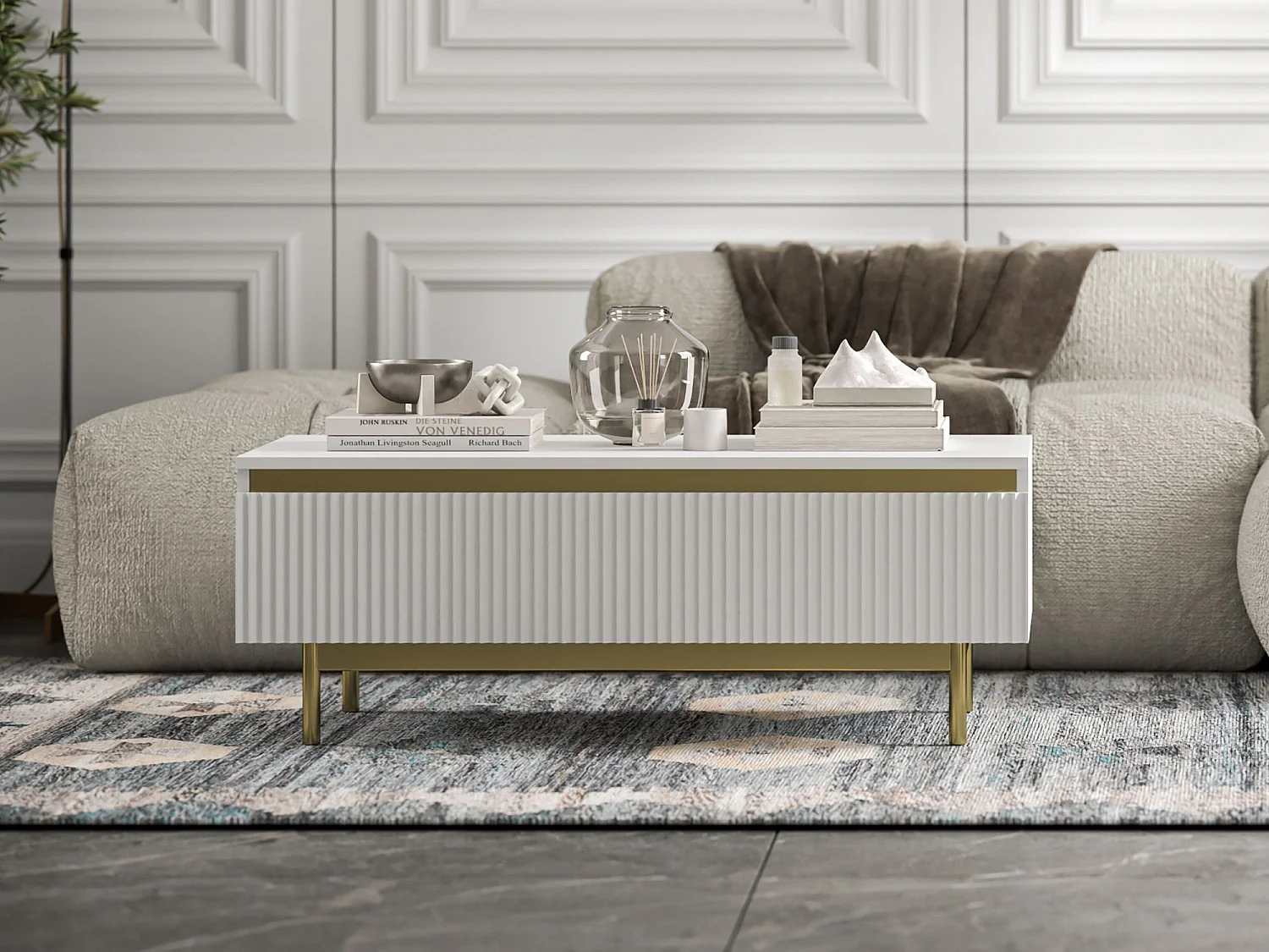 Designerski prostokątny stolik kawowy - Biały mat - 109 cm, podstawa w złotym wykończeniu