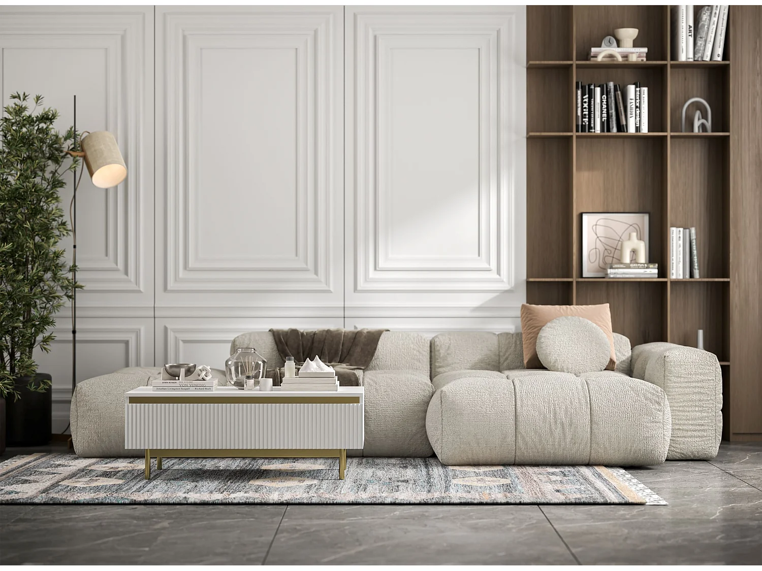 Designerski prostokątny stolik kawowy - Biały mat - 109 cm, podstawa w złotym wykończeniu