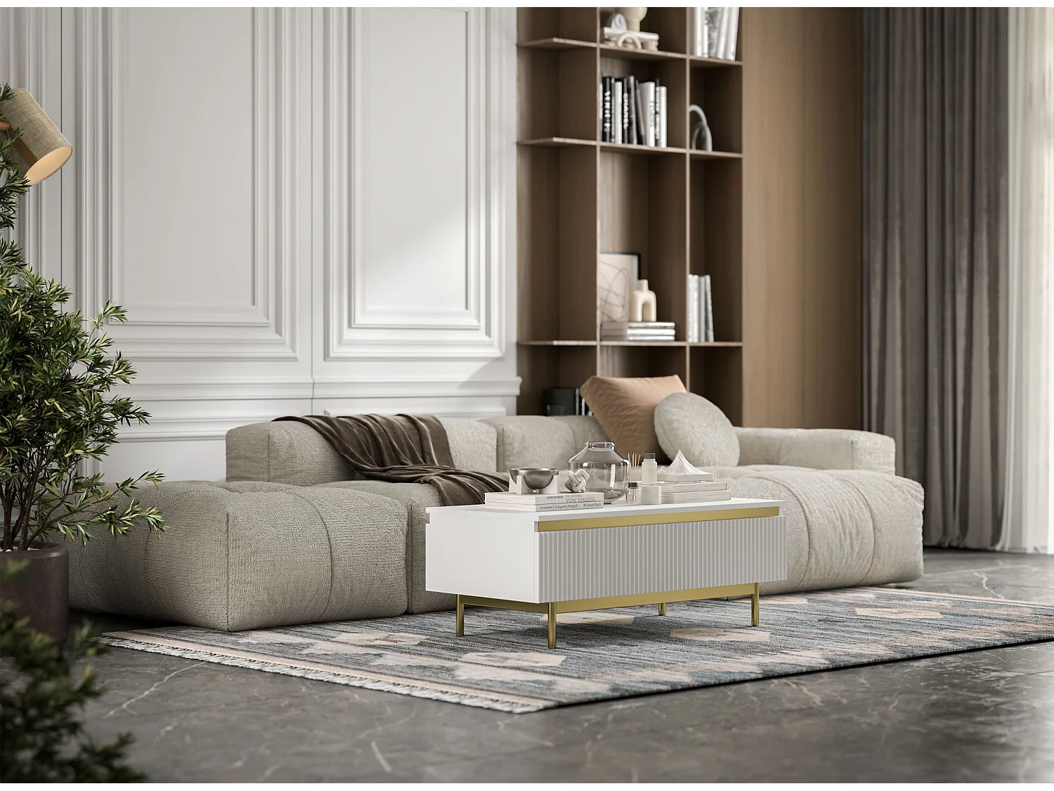 Designerski prostokątny stolik kawowy - Biały mat - 109 cm, podstawa w złotym wykończeniu