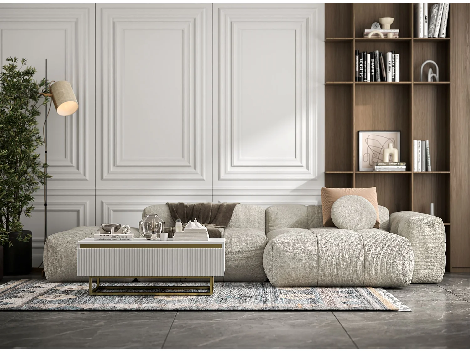 Elegancki prostokątny stolik kawowy - Biały mat - 109 cm, złota metalowa rama