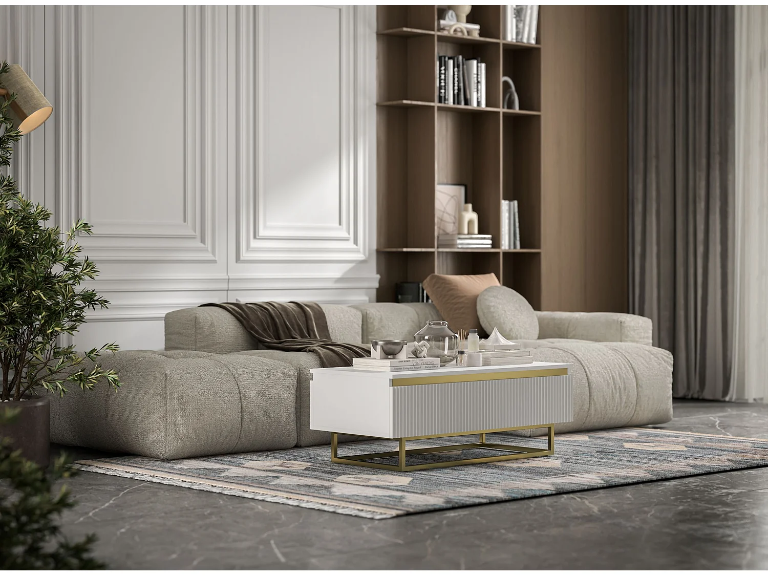 Elegancki prostokątny stolik kawowy - Biały mat - 109 cm, złota metalowa rama