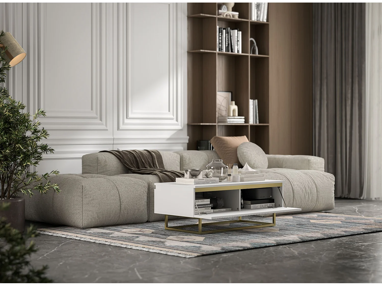 Elegancki prostokątny stolik kawowy - Biały mat - 109 cm, złota metalowa rama