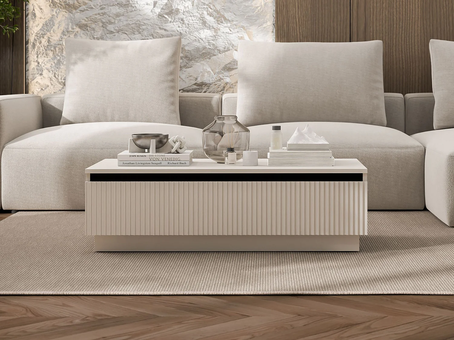 Prostokątny stolik kawowy w stylu glamour - Matowy kaszmir - 109 cm, eleganckie wykończenie