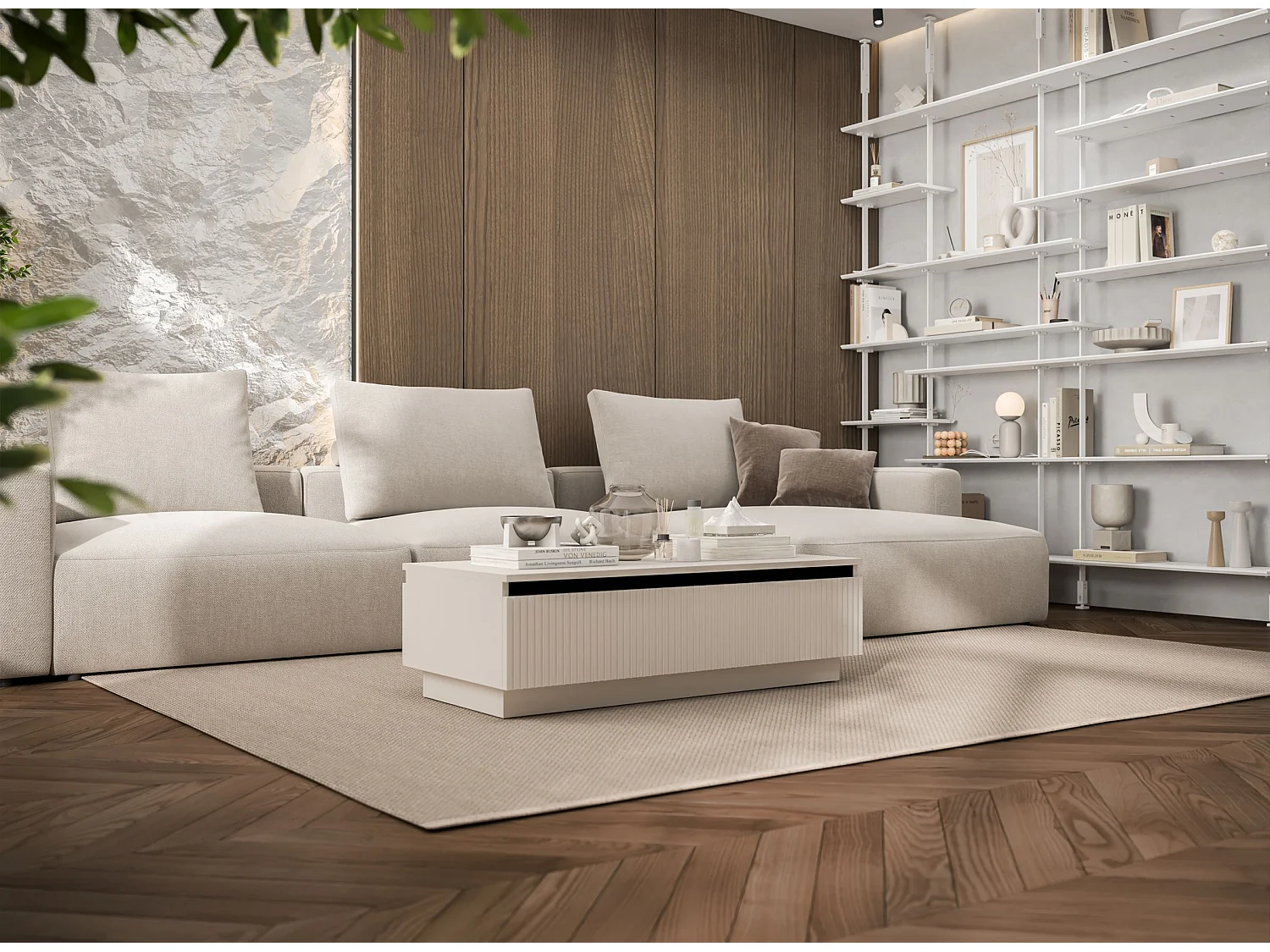 Prostokątny stolik kawowy w stylu glamour - Matowy kaszmir - 109 cm, eleganckie wykończenie