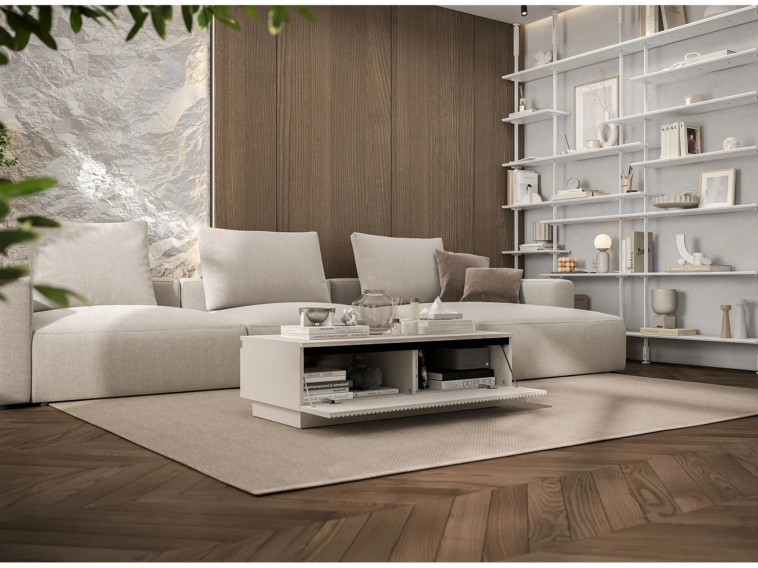 Prostokątny stolik kawowy w stylu glamour - Matowy kaszmir - 109 cm, eleganckie wykończenie