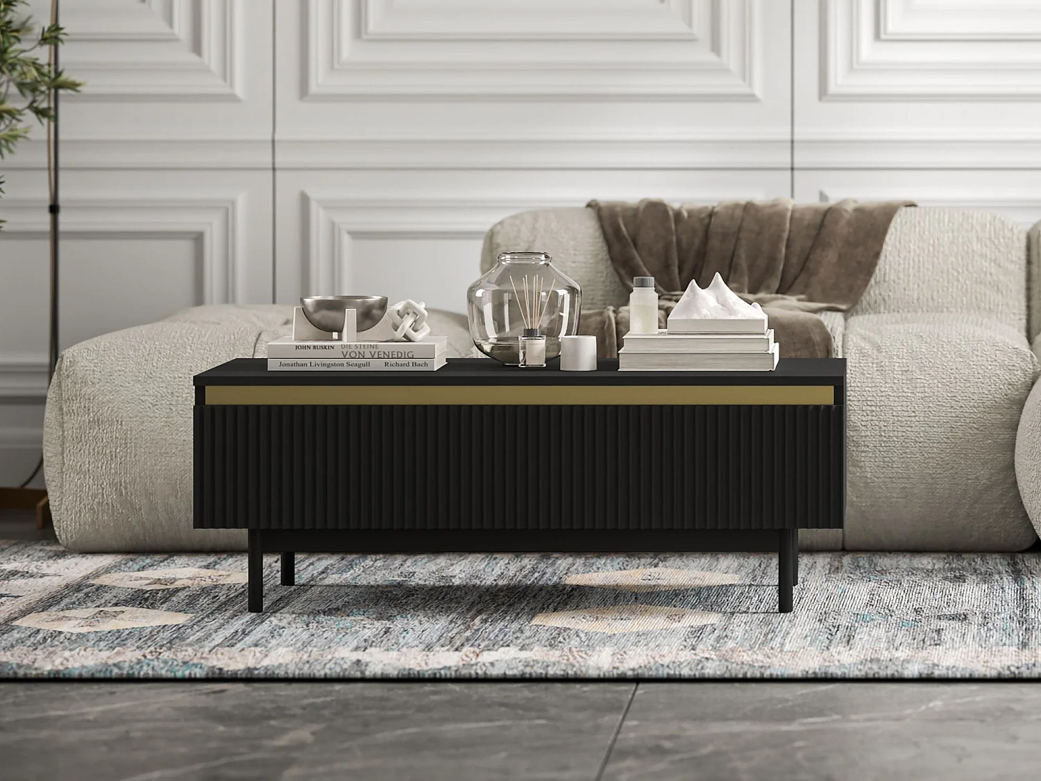 Prostokątny stolik kawowy w stylu glamour - Czarny mat - 109 cm, nowoczesna metalowa podstawa