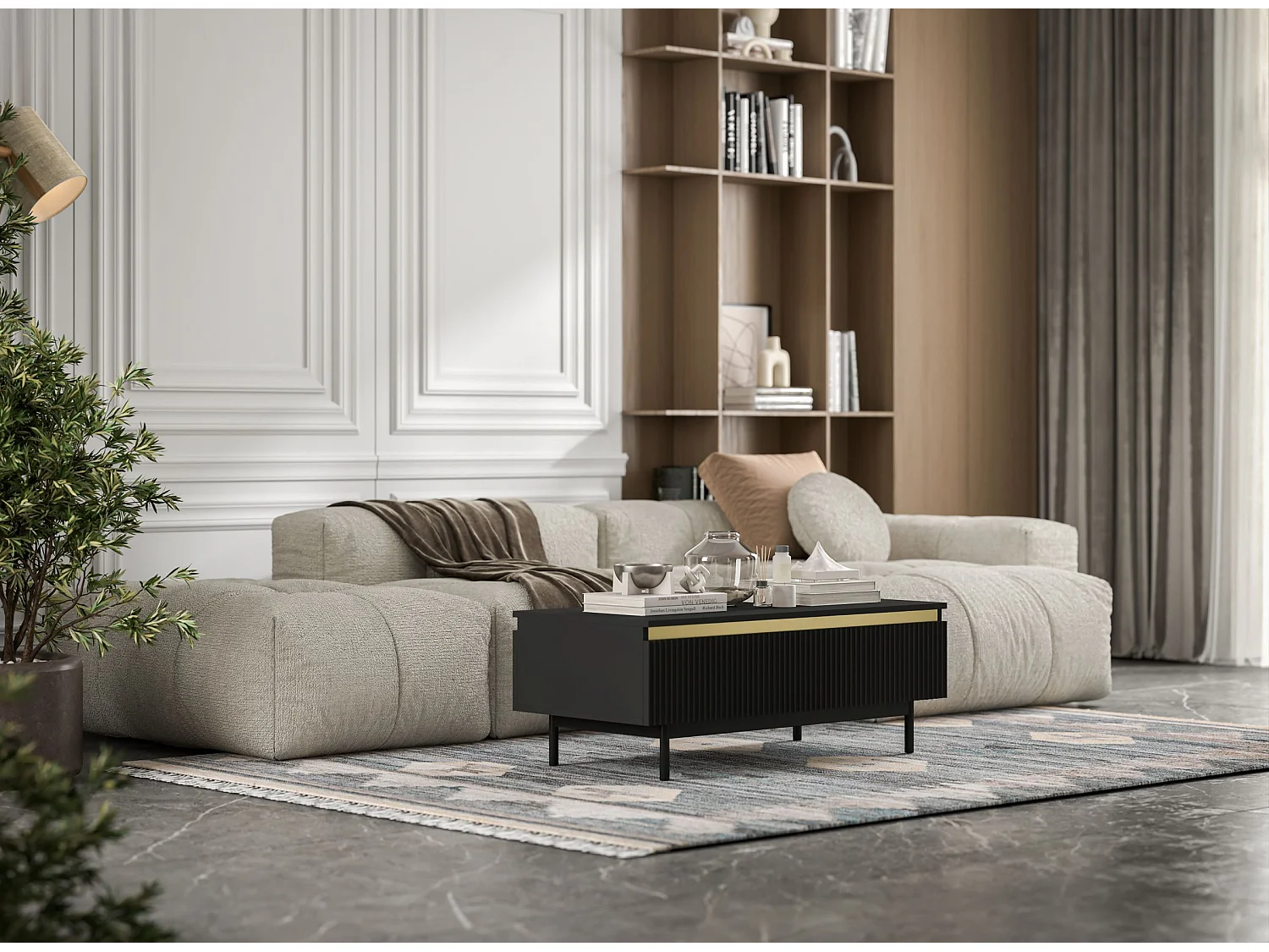Prostokątny stolik kawowy w stylu glamour - Czarny mat - 109 cm, nowoczesna metalowa podstawa