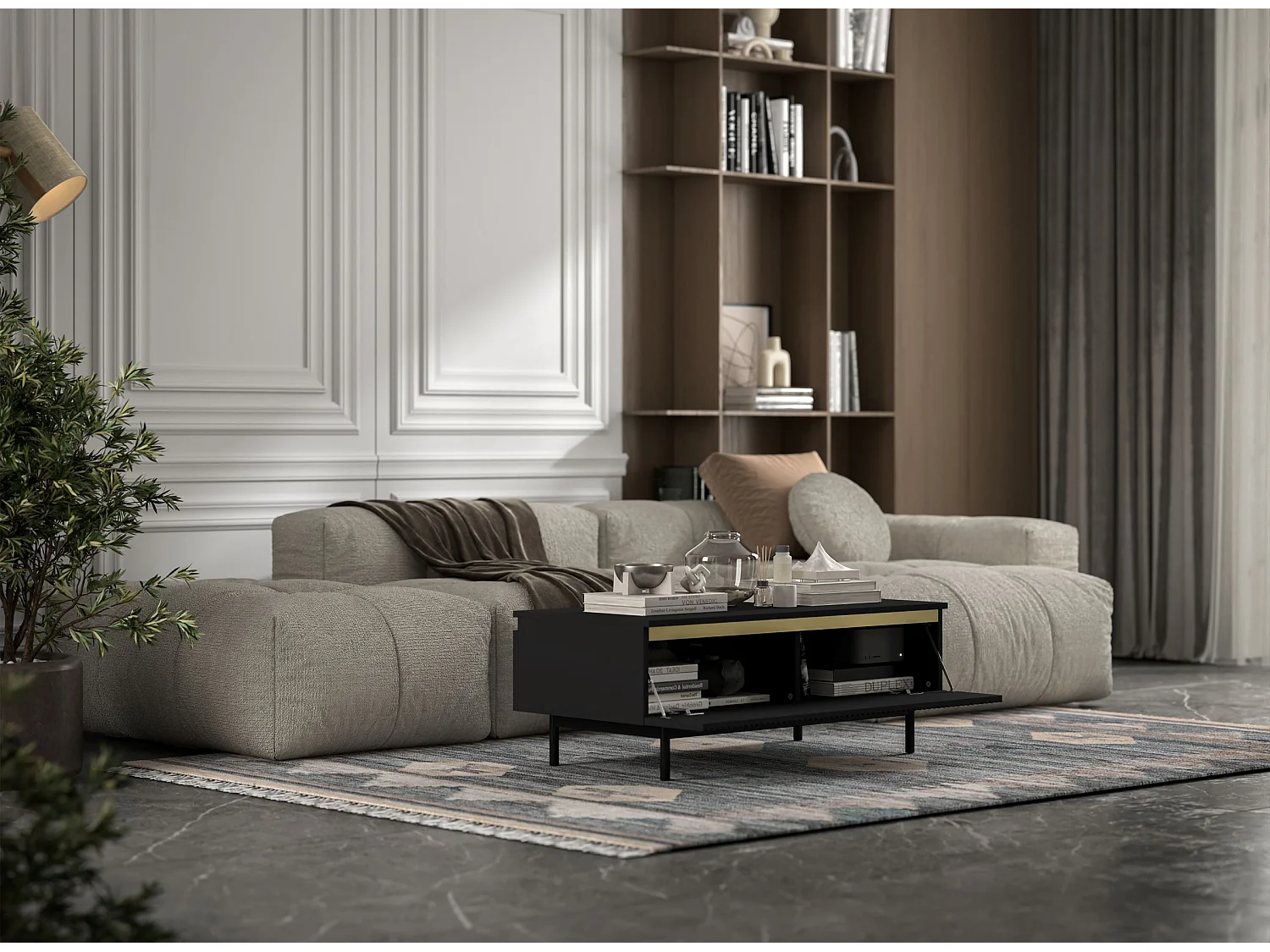 Prostokątny stolik kawowy w stylu glamour - Czarny mat - 109 cm, nowoczesna metalowa podstawa