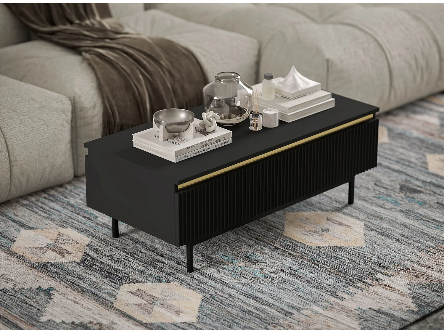 Prostokątny stolik kawowy w stylu glamour - Czarny mat - 109 cm, nowoczesna metalowa podstawa