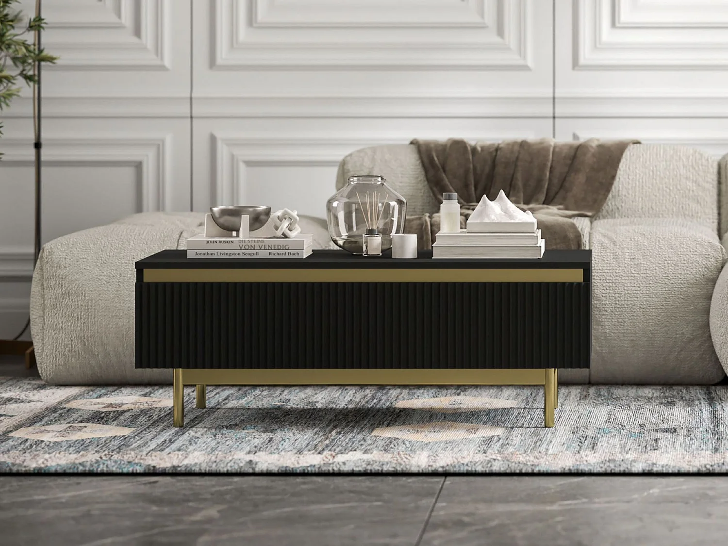 Designerski prostokątny stolik kawowy - Czarny mat - 109 cm, konstrukcja w kolorze złota