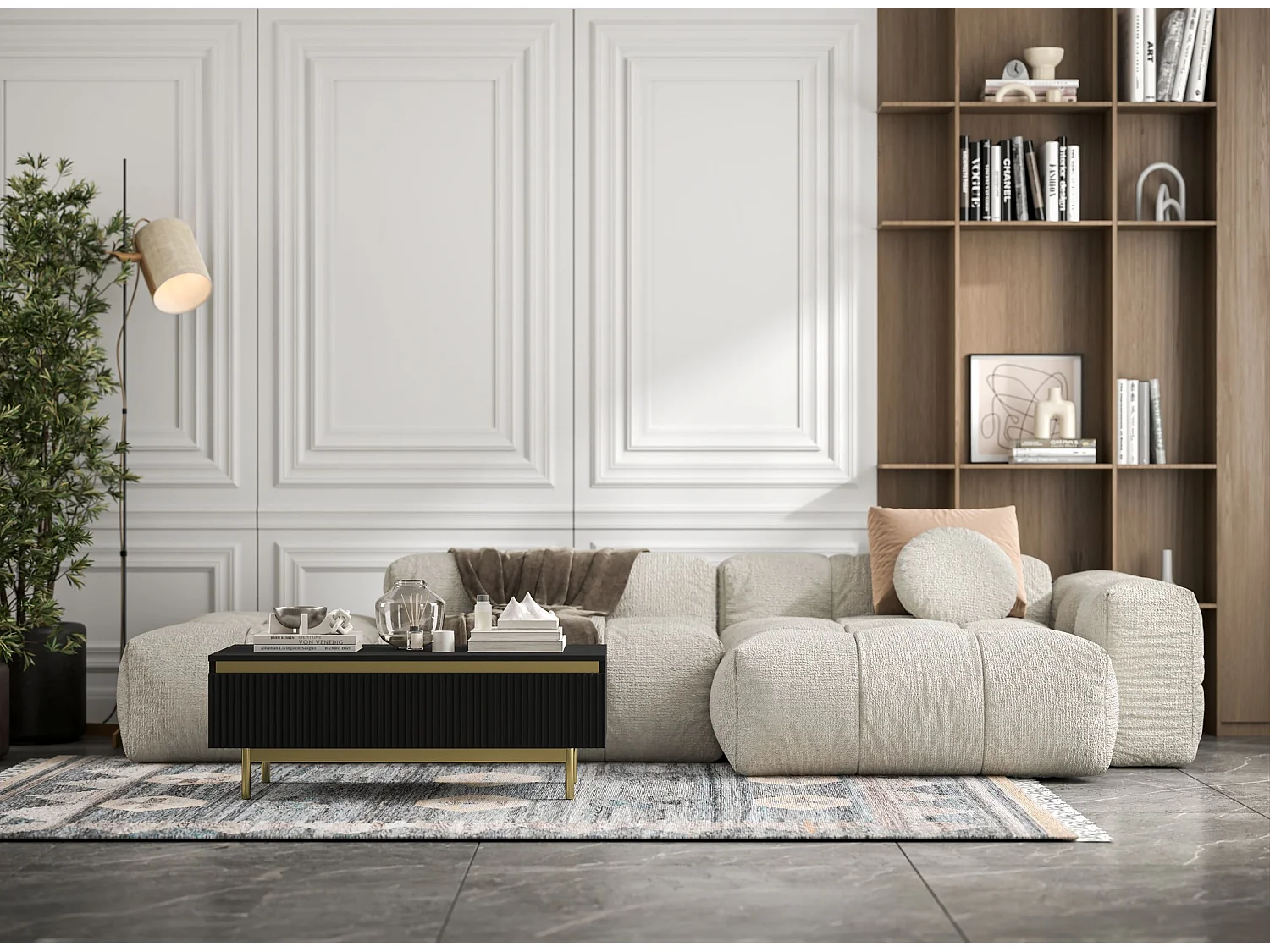 Designerski prostokątny stolik kawowy - Czarny mat - 109 cm, konstrukcja w kolorze złota