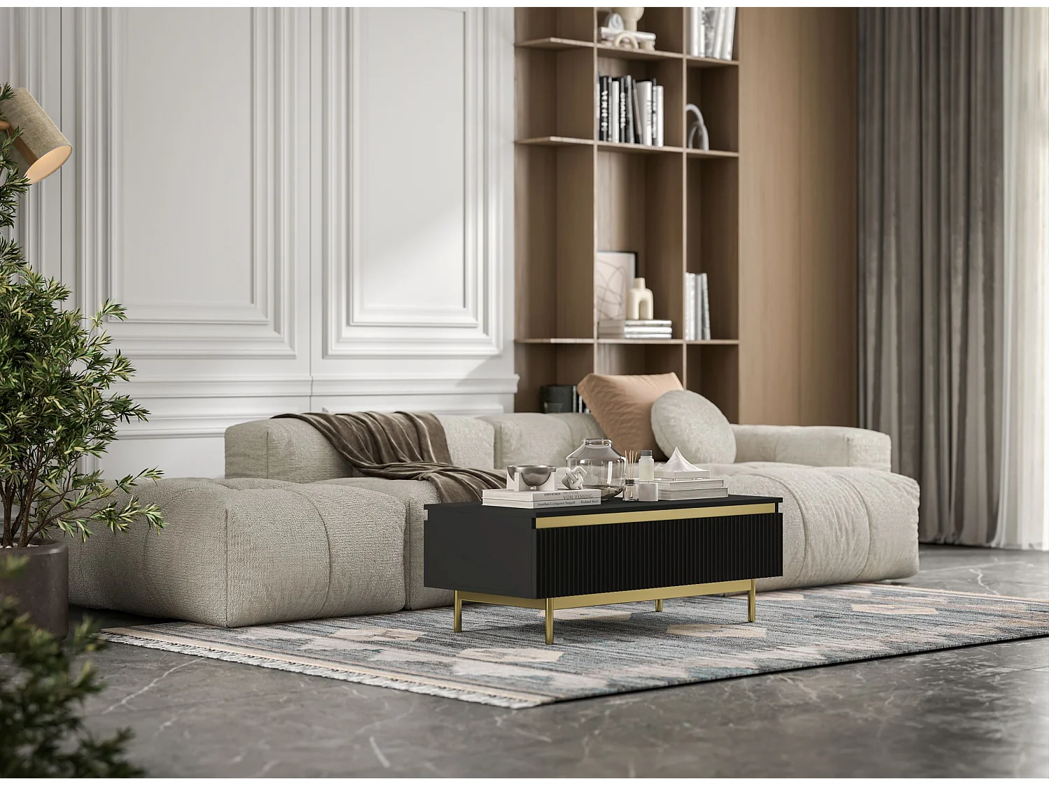 Designerski prostokątny stolik kawowy - Czarny mat - 109 cm, konstrukcja w kolorze złota